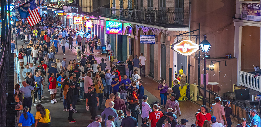 Bourbon Street in New Orleans is world-renowned for its atmosphere, and makes the city a bucket-list visit for millions of attendees. Courtesy of New Orleans & Company