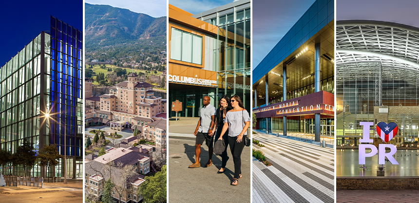 From left: Austin Convention Center, Convention Center at The Broadmoor, Greater Columbus Convention Center, New Orleans Ernest N. Morial Convention Center, and Puerto Rico Convention Center.
