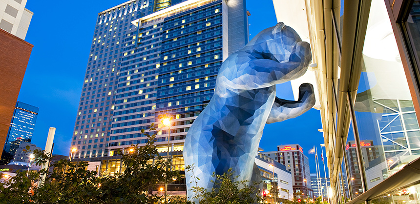 The Colorado Convention Center’s ‘Big Blue Bear’ peeks into the center’s lobby. Photo courtesy of Sylvie Boulanger