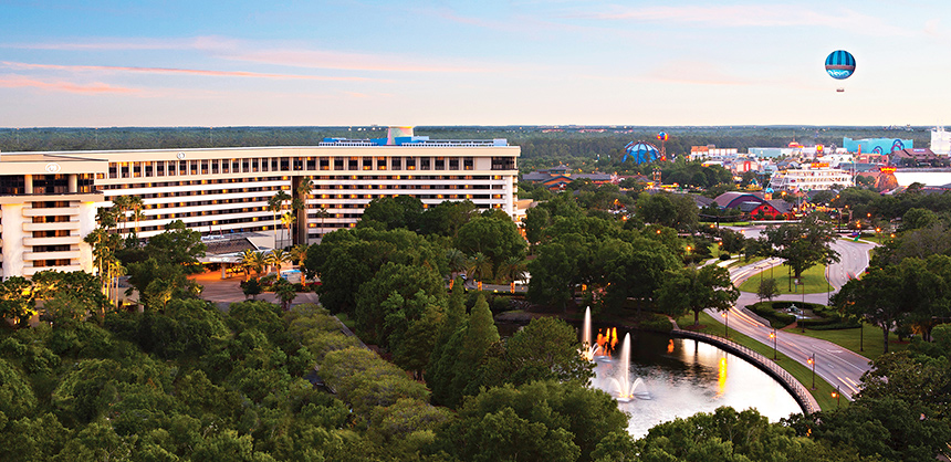 A hot-air balloon floats near Hilton Orlando Lake Buena Vista - Disney Springs Area. The resort offers a total of 78,000 sf of indoor and outdoor event space, which includes everything from 22 breakout rooms and grand ballrooms, to private patios.  Courtesy of Hilton Orlando Lake Buena Vista