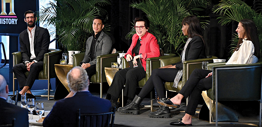 Famous athletes, such as former women’s professional tennis player Billie Jean King, center, can be great keynote speakers. Booking a speaker that is the right fit for the event is the No. 1 priority, experts say. A+E networks/Courtesy of Greg Friedlander