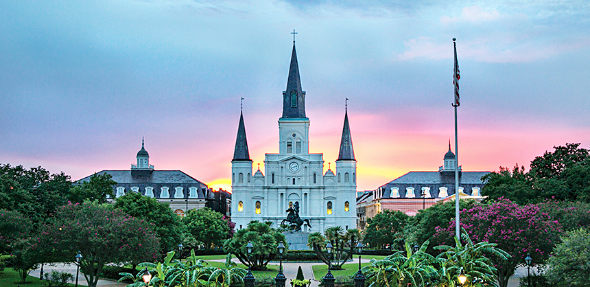 The sun sets behind the famous St. Louis Cathedral in Jackson Square. New Orleans is world renowned for its unique culture of architecture, food and music. Photo by Rebecca Todd