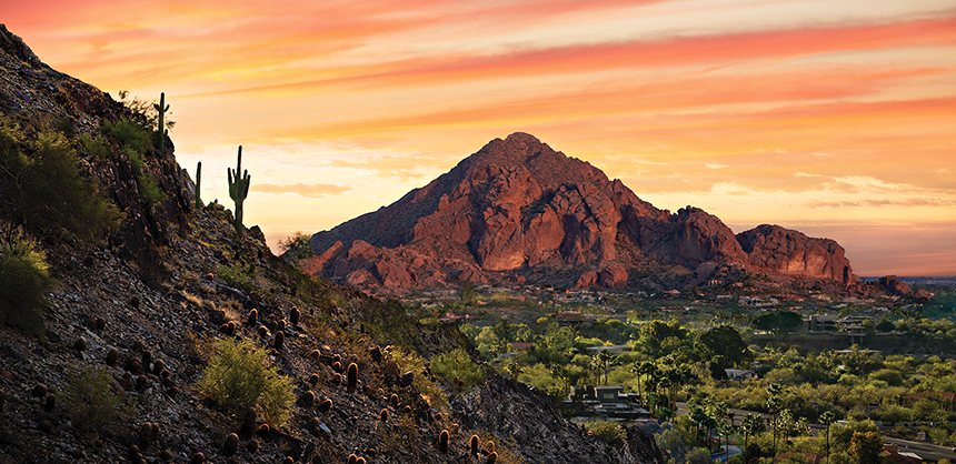Camelback Mountain in Phoenix is popular due to its hiking trails and panoramic city views, as well as partially famous because of its resemblance to a camel hump. Photo by D2 Productions / Courtesy of Visit Phoenix