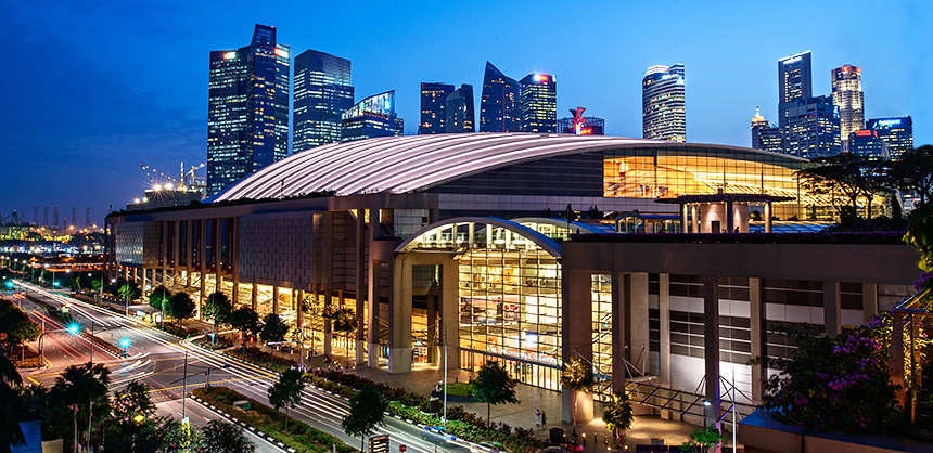 The Sands Expo and Convention Centre in Singapore offers 1.3 million sf of flexible event space and has enough room to fit 45,000 people. Courtesy of Marina Bay Sands