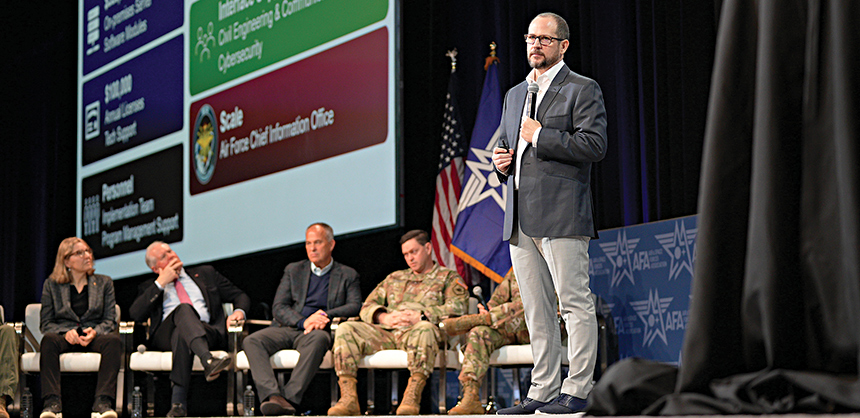 The onsite AV company at Gaylord Rockies, Encore, offers state-of-the-art equipment for presentations and events, such as at the 2023 AFA Warfare Symposium Spark Tank, pictured. Air & Space Forces Association