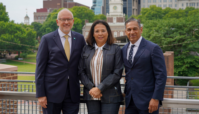 Gregg Caren, PHLCVB president and CEO, was joined by Nan Marchand Beauvois, U.S. Travel Association senior vice president, membership and industry relations, and Sherrif Karamat, PCMA president and CEO, for the June PHLCVB board meeting at the Independence Visitor Center, photographed here in front of Independence Hall.