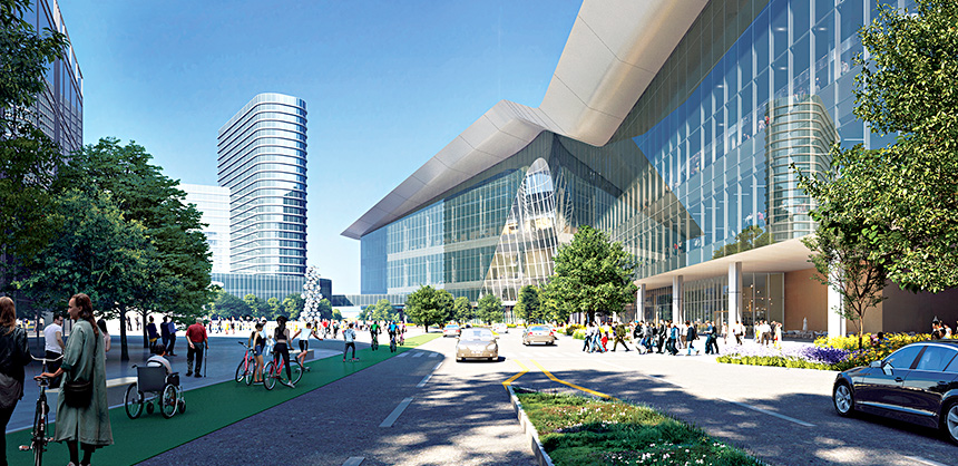 Slated for completion in 2028, the re-envisioned Kay Bailey Hutchison Convention Center in Dallas will include 800,000 sf of exhibit space, 430,000 square feet of breakout space, and a walkable entertainment district with new retail, hotels and restaurants. Courtesy Rendering