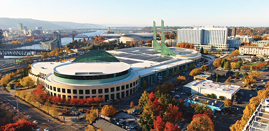 The roof on the Oregon Convention Center has a 2 MW solar array, which powers about 25% of the building’s needs, and water bottle filling stations, as seen above. Photo Courtesy of Nancy Reimer / Oregon County Convention Center