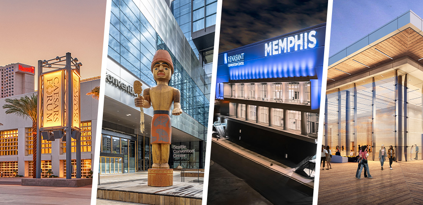 From left: Caesars Forum, Seattle Convention Center | Summit, Renasant Convention Center, and Milwaukee’s Baird Center.
