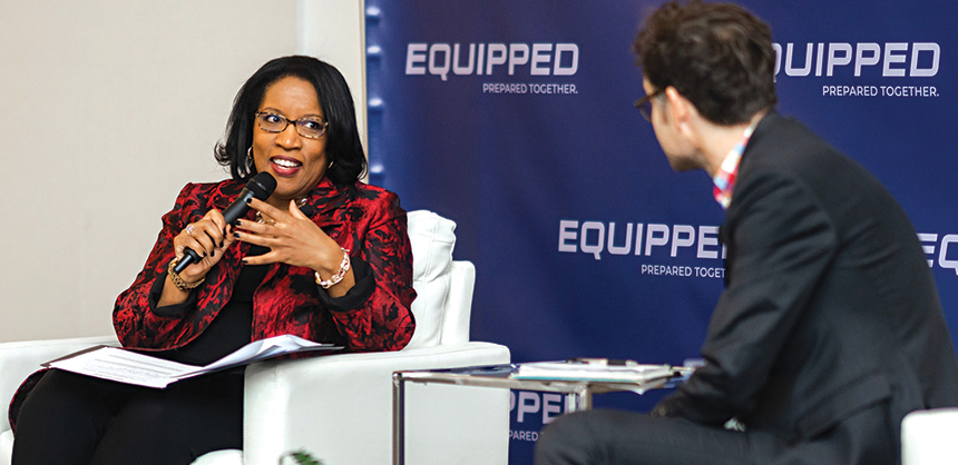 CEO of JDC Events and author Jennifer Collins leads a Fireside Chat during the Equipped Leadership Summit for first responders. Courtesy of Jennifer Collins / JDC Events