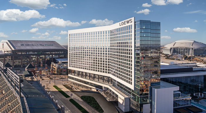 The new Loews Arlington Hotel is situated between two iconic sports stadiums: Globe Life Field and AT&T Stadium.