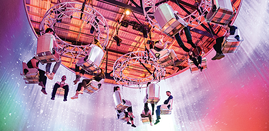 In Montreal, at C2, in the Sky Lab, participants brainstormed business solutions while sitting in suspended chairs. Photo by Sebastien Roy / Courtesy of Korrin Bizek 