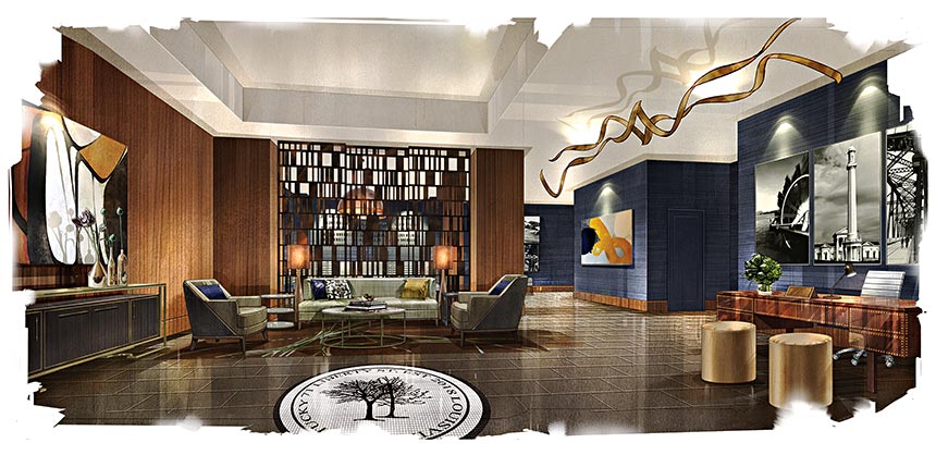 The residential lobby at the Omni Louisville Hotel, which is topped with 225 luxury apartments. Credit: Omni Hotels & Resorts