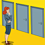 Pop Art Doubtful Businesswoman Choosing the Right Door. Vector i