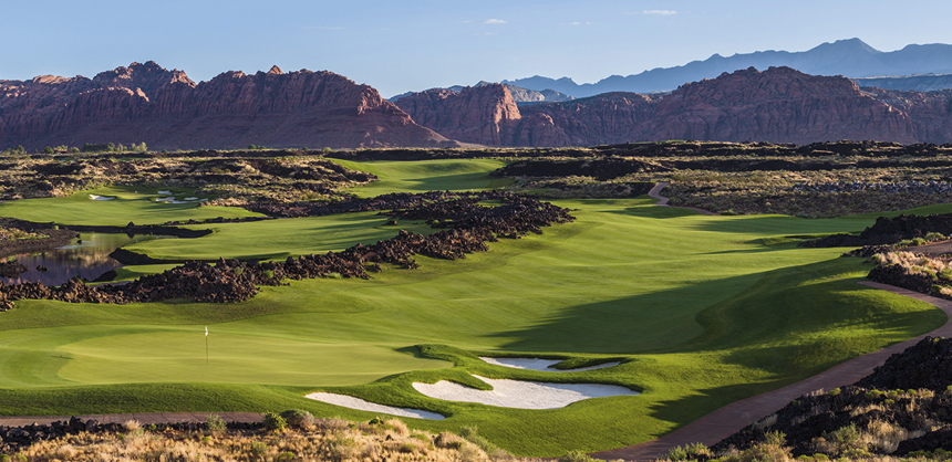 Black Desert Resort’s 7,500-yard championship course in Ivins, UT, is sculpted into black lava fields among red cliffs.