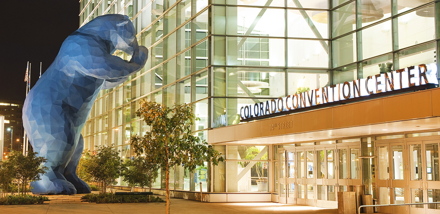 The Big Blue Bear welcomes visitors to the Colorado Convention Center in Denver.